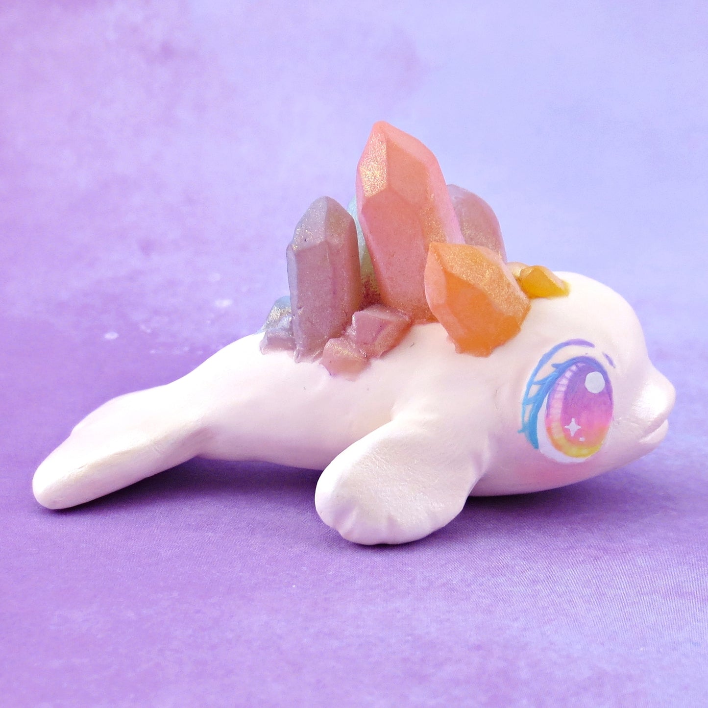 Rainbow Crystal Beluga Figurine - Polymer Clay Celestial Sea Animals