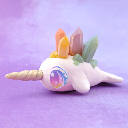 Rainbow Crystal Narwhal Figurine - Polymer Clay Celestial Sea Animals