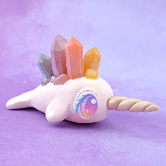 Rainbow Crystal Narwhal Figurine - Polymer Clay Celestial Sea Animals