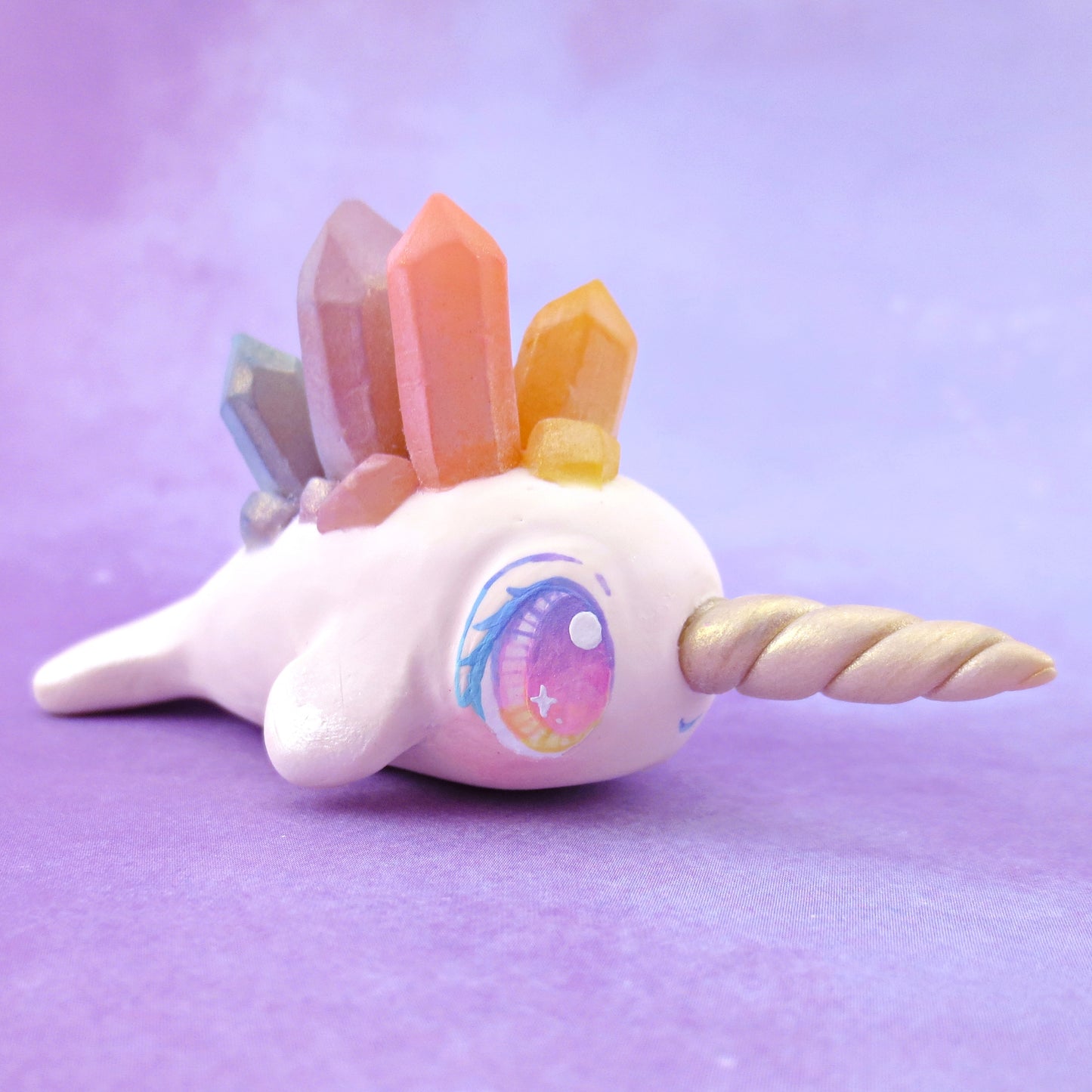 Rainbow Crystal Narwhal Figurine - Polymer Clay Celestial Sea Animals