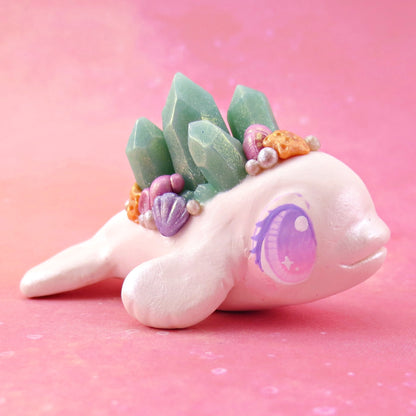 Light Blue Crystal Seashell Beluga Figurine - Polymer Clay Celestial Sea Animals