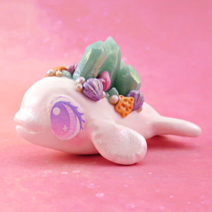 Light Blue Crystal Seashell Beluga Figurine - Polymer Clay Celestial Sea Animals