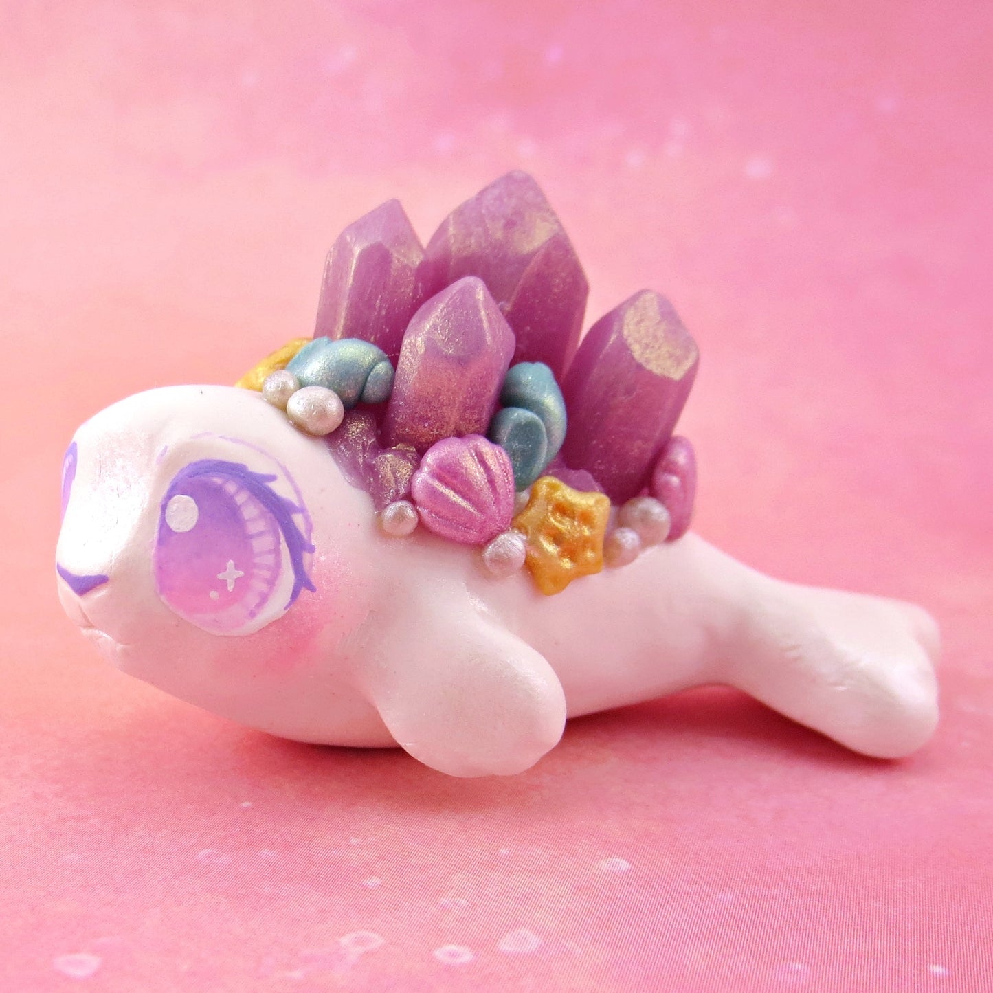 Purple Crystal Seashell Baby Seal Figurine - Polymer Clay Celestial Sea Animals