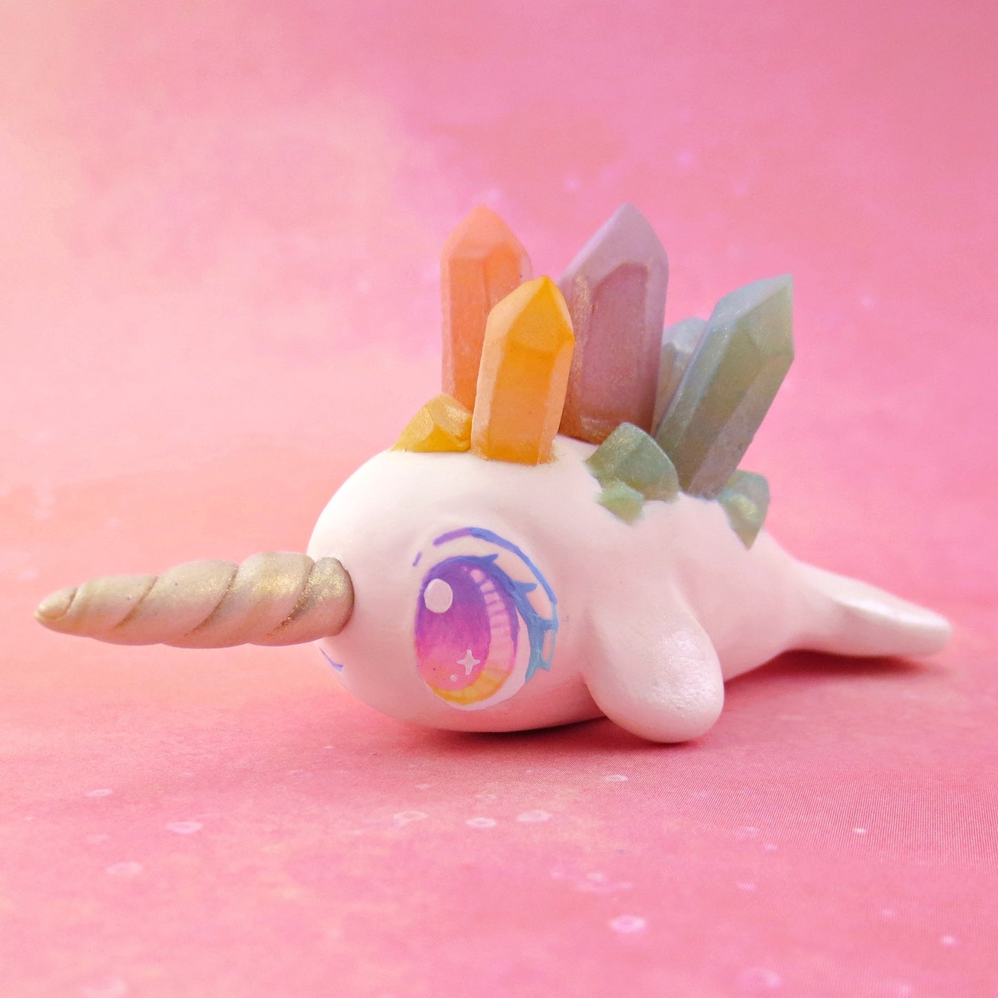 Rainbow Crystal Narwhal Figurine - Polymer Clay Celestial Sea Animals