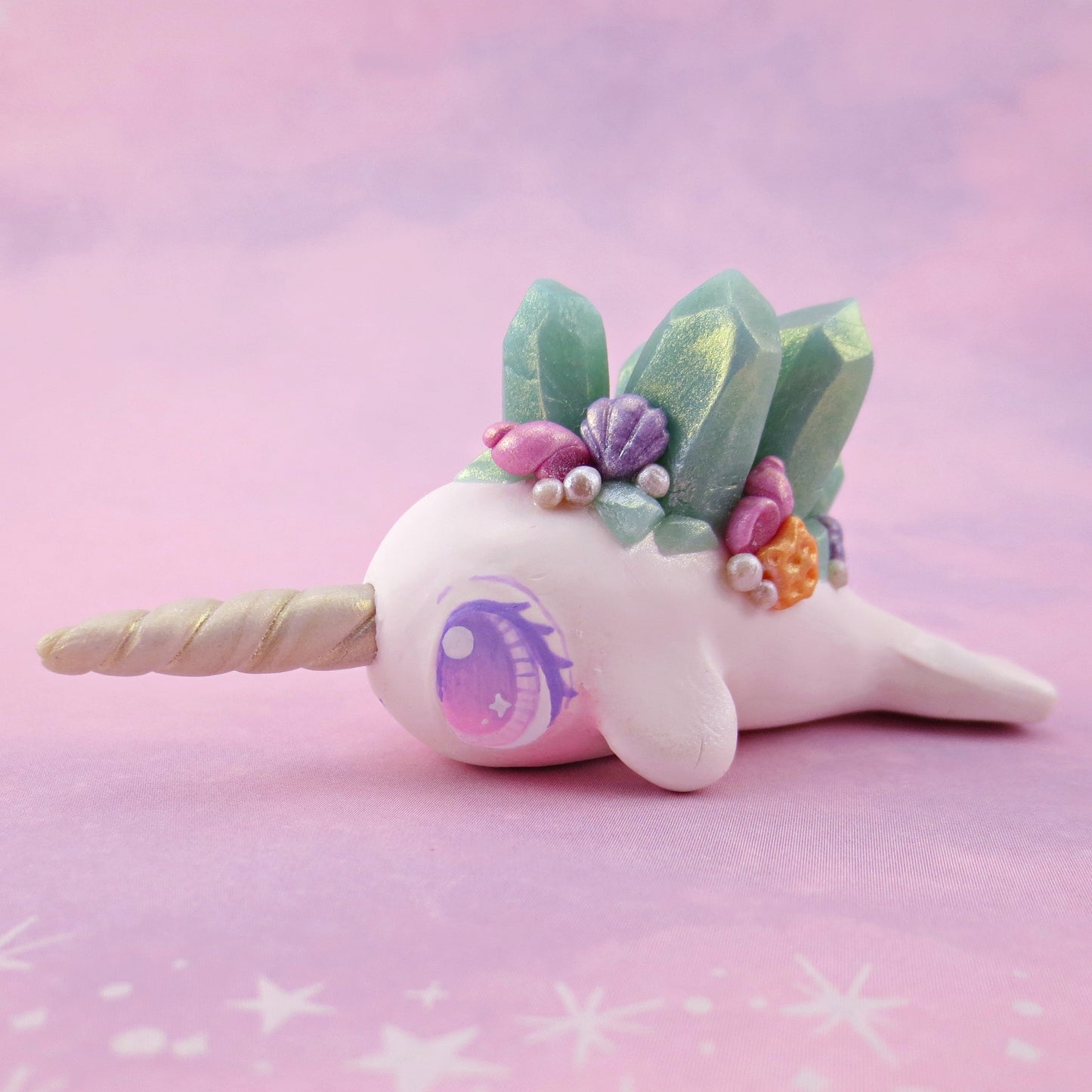 Light Blue Crystal Seashell Narwhal Figurine - Polymer Clay Celestial Sea Animals