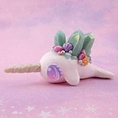 Light Blue Crystal Seashell Narwhal Figurine - Polymer Clay Celestial Sea Animals