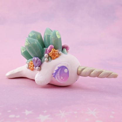 Light Blue Crystal Seashell Narwhal Figurine - Polymer Clay Celestial Sea Animals