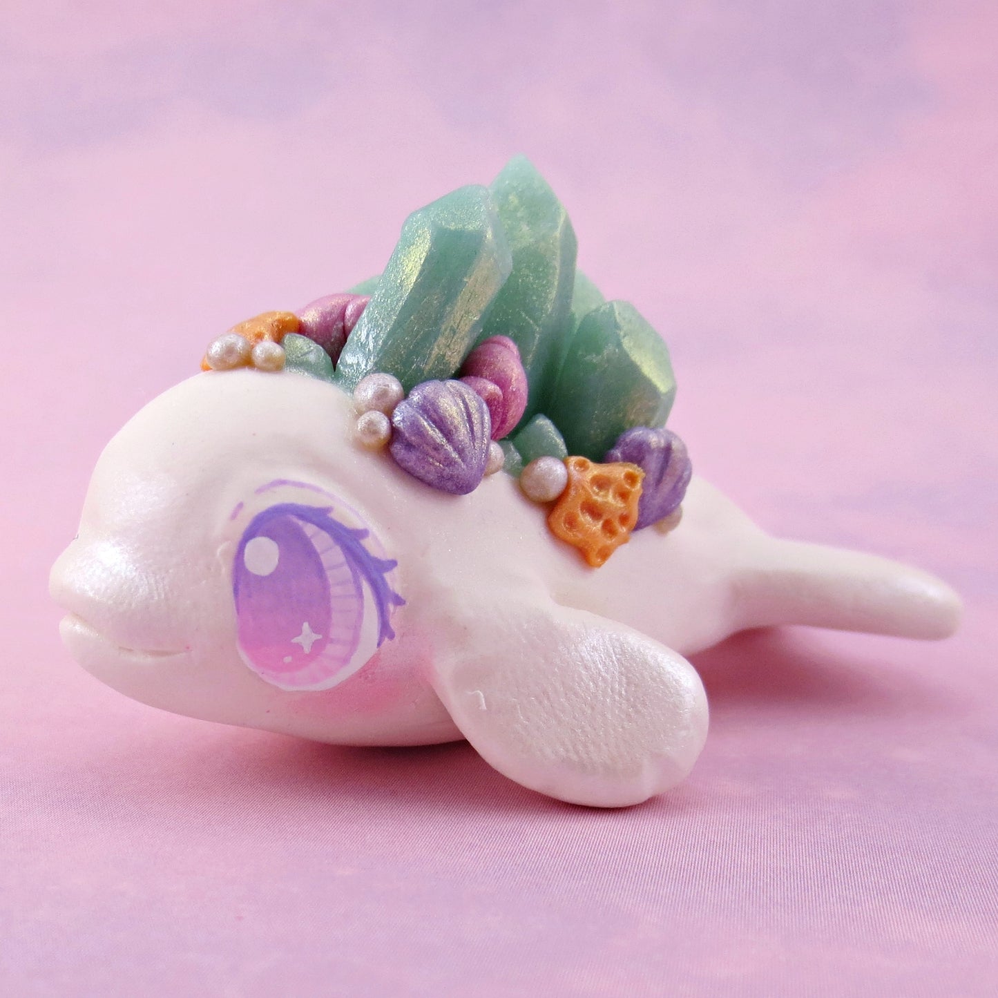 Light Blue Crystal Seashell Beluga Figurine - Polymer Clay Celestial Sea Animals