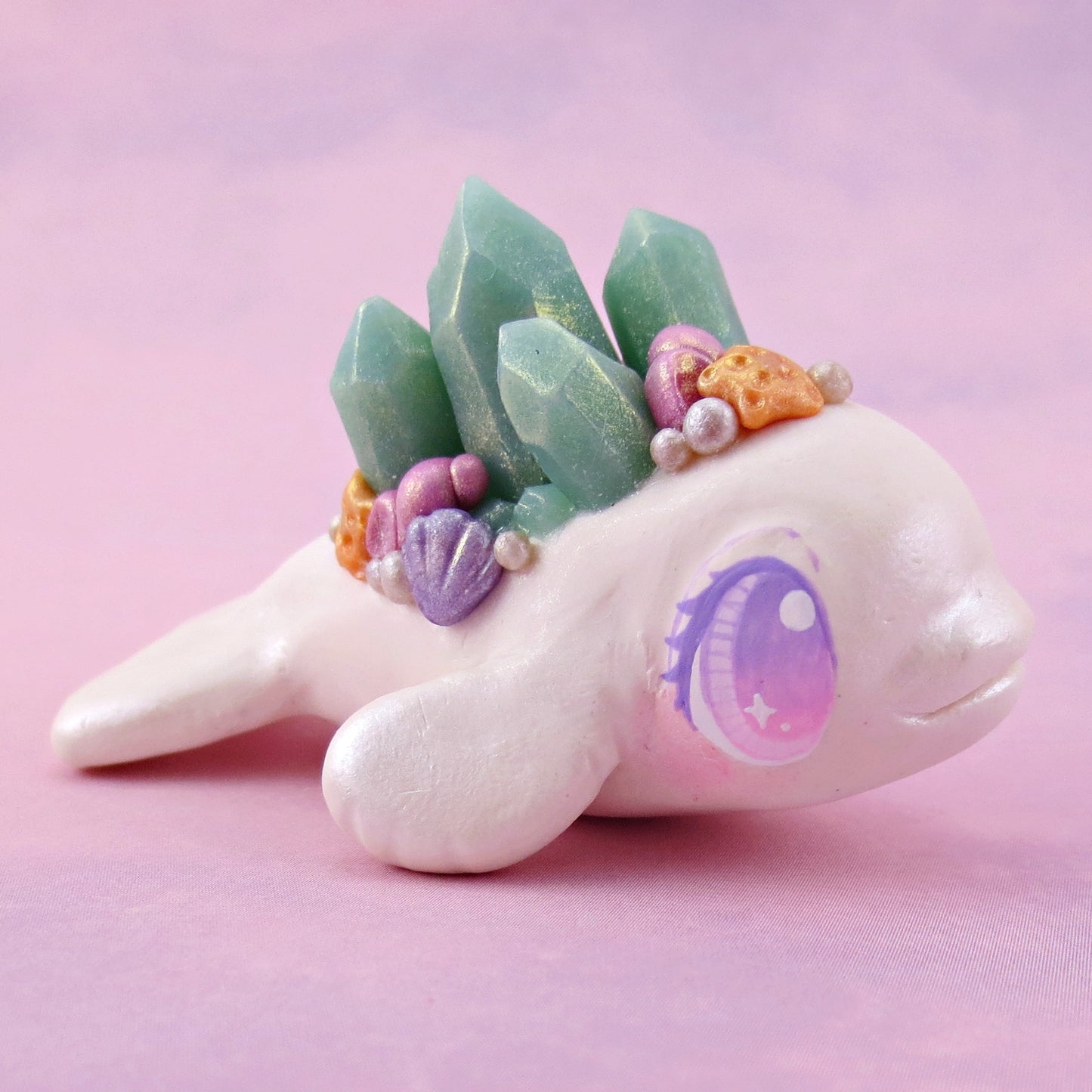 Light Blue Crystal Seashell Beluga Figurine - Polymer Clay Celestial Sea Animals