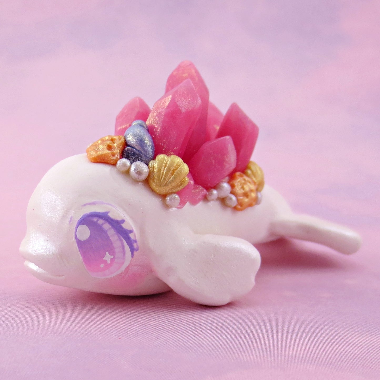 Pink Crystal Seashell Beluga Figurine - Polymer Clay Celestial Sea Animals