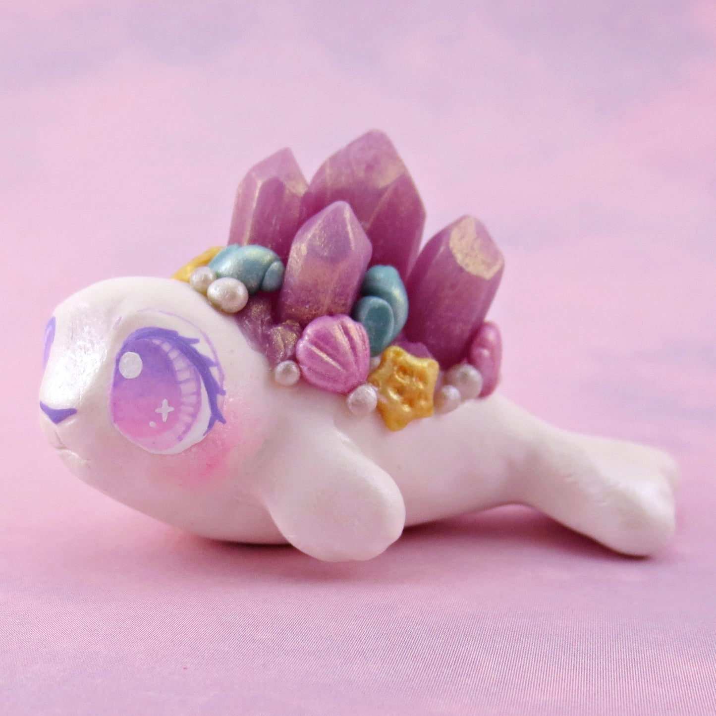 Purple Crystal Seashell Baby Seal Figurine - Polymer Clay Celestial Sea Animals