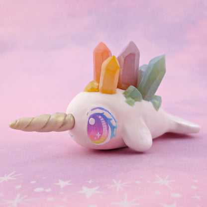 Rainbow Crystal Narwhal Figurine - Polymer Clay Celestial Sea Animals