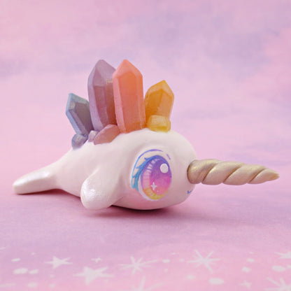 Rainbow Crystal Narwhal Figurine - Polymer Clay Celestial Sea Animals