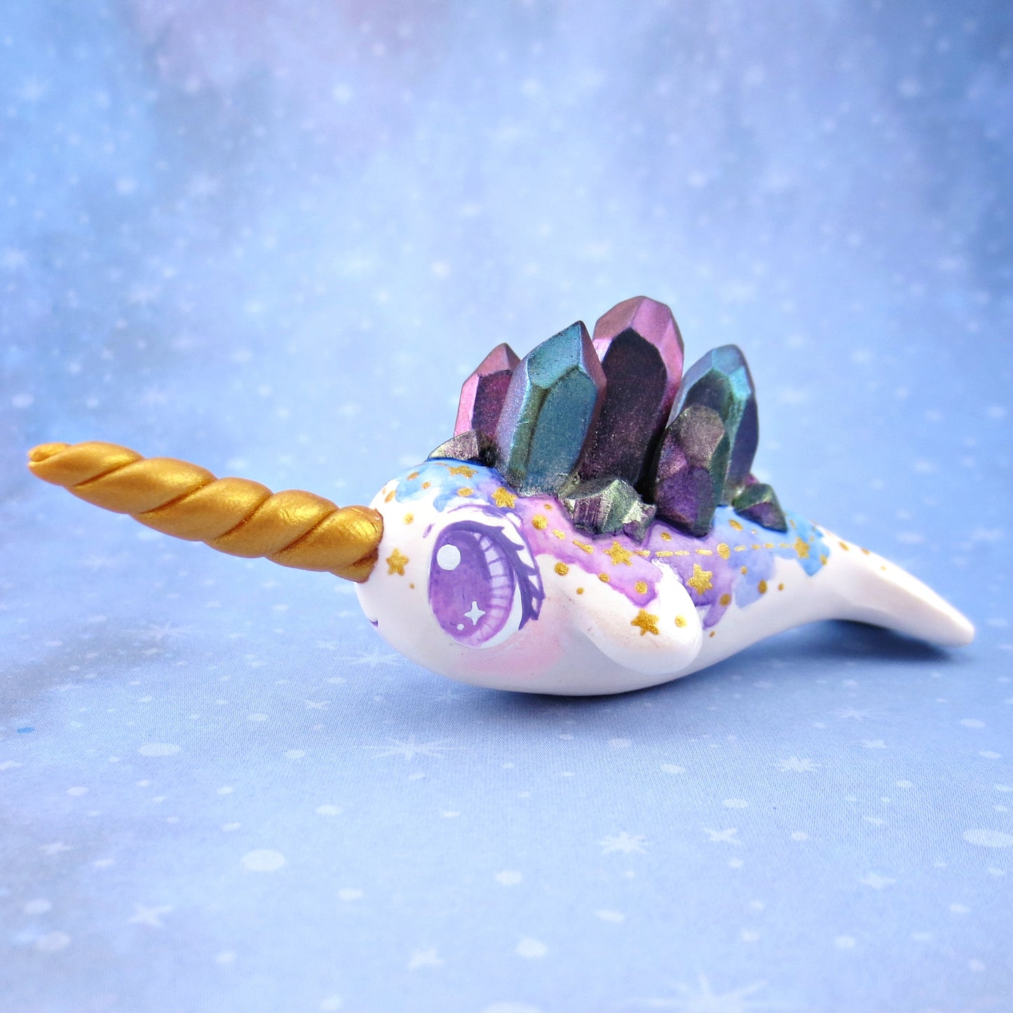 Watercolor Effect Color Shift Crystal Constellation Narwhal Figurine - Polymer Clay Celestial Sea Animals