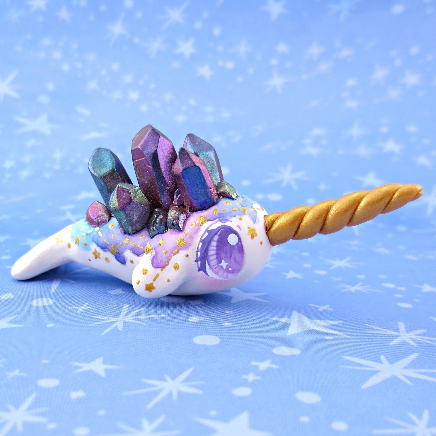 Watercolor Effect Color Shift Crystal Constellation Narwhal Figurine - Polymer Clay Celestial Sea Animals