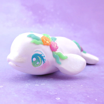 Seashell Beluga Whale with Blue/Green Eyes Figurine - Polymer Clay Ocean Collection