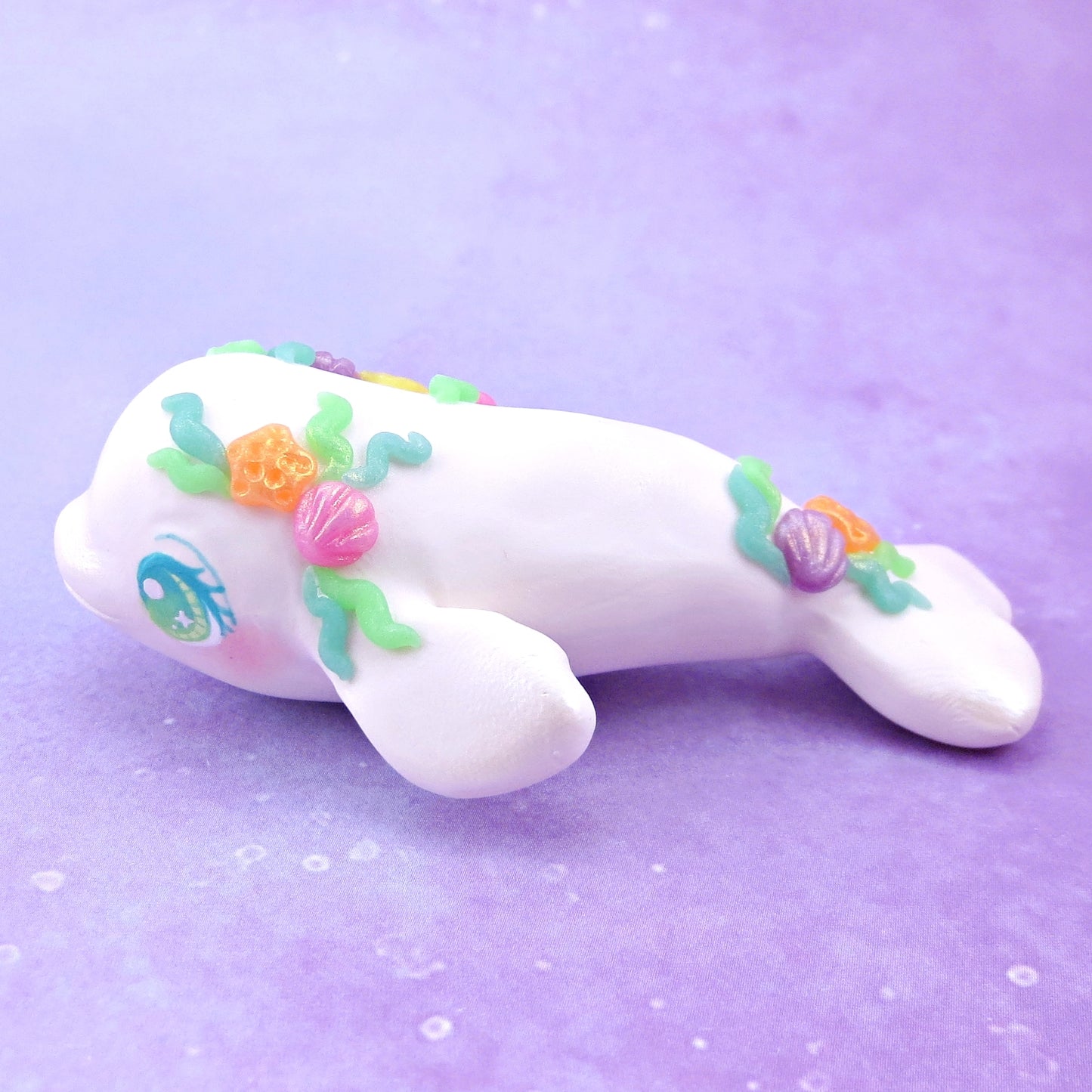 Seashell Beluga Whale with Blue/Green Eyes Figurine - Polymer Clay Ocean Collection