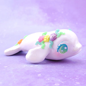 Seashell Beluga Whale with Blue/Green Eyes Figurine - Polymer Clay Ocean Collection