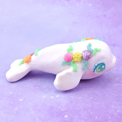 Seashell Beluga Whale with Blue/Green Eyes Figurine - Polymer Clay Ocean Collection