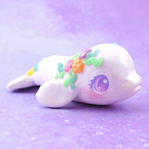 Seashell Beluga Whale with Pink/Purple Eyes Figurine - Polymer Clay Ocean Collection