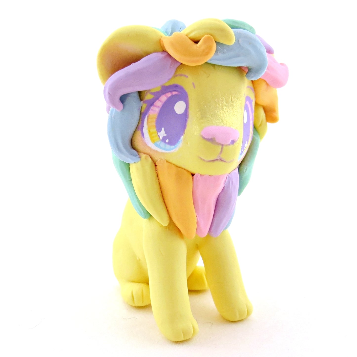 Yellow Rainbow Mane Lion Figurine - Polymer Clay Rainbow Animals