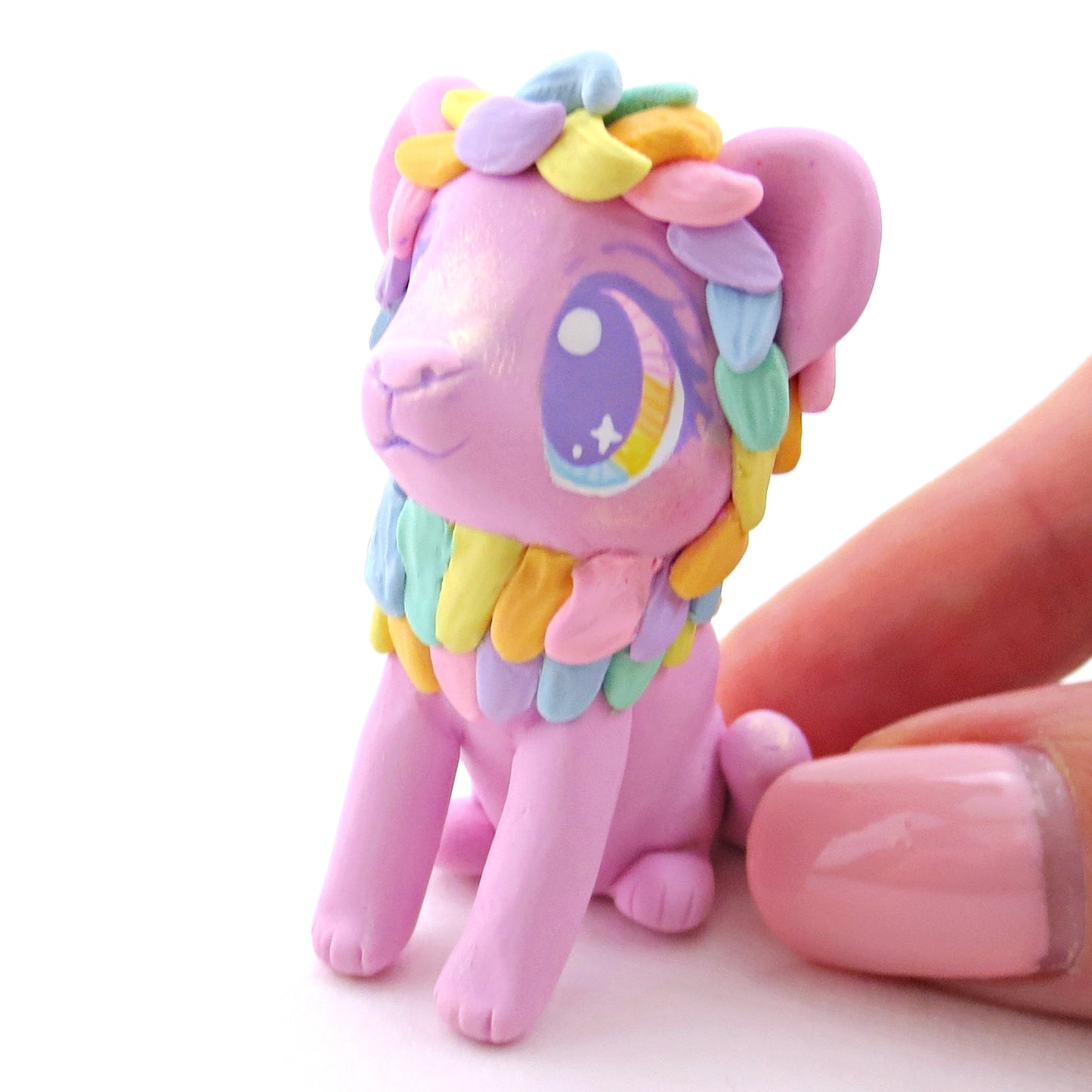 Lilac Rainbow Mane Lion Figurine - Polymer Clay Rainbow Animals