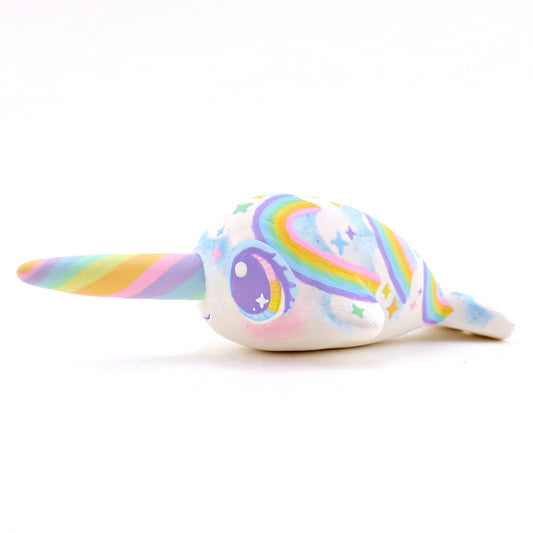 Cloud and Rainbow Narwhal with Blue "Eyeshadow" Figurine - Polymer Clay Rainbow Animals