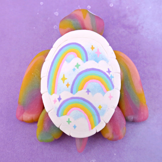 Cloud and Rainbow Shell Turtle Figurine - Polymer Clay Rainbow Animals