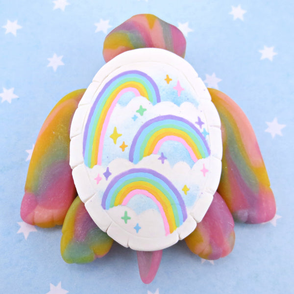 Cloud and Rainbow Shell Turtle Figurine - Polymer Clay Rainbow Animals