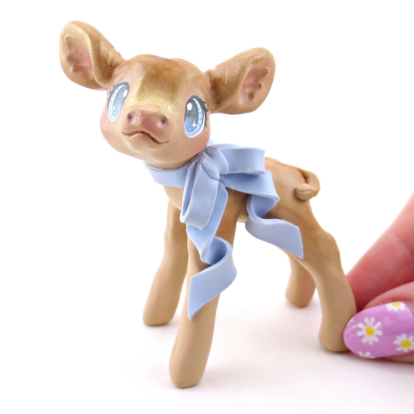 Jersey Cow with a Bow Figurine - Polymer Clay Spring Animal Collection