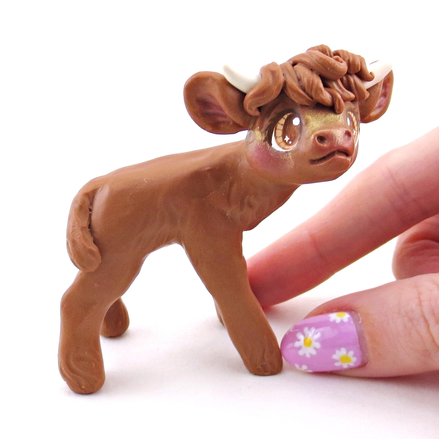 Brown-Eyed Highland Cow Figurine - Polymer Clay Spring Animal Collection