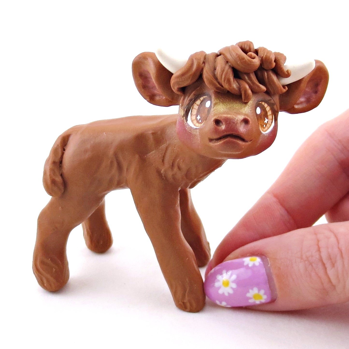 Brown-Eyed Highland Cow Figurine - Polymer Clay Spring Animal Collection