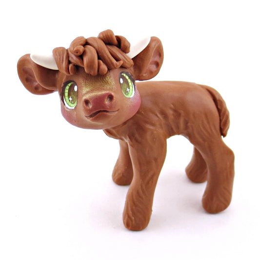 Green-Eyed Highland Cow Figurine - Polymer Clay Spring Animal Collection