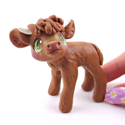 Green-Eyed Highland Cow Figurine - Polymer Clay Spring Animal Collection