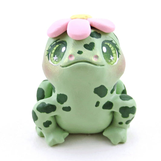 Spotty Frog with a Pink Flower Hat Figurine - Polymer Clay Spring Animal Collection