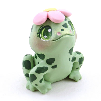 Spotty Frog with a Pink Flower Hat Figurine - Polymer Clay Spring Animal Collection