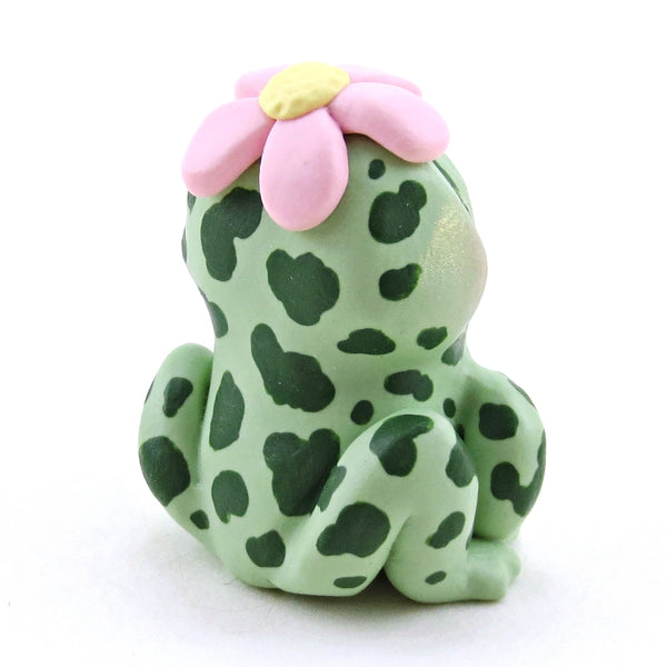 Spotty Frog with a Pink Flower Hat Figurine - Polymer Clay Spring Animal Collection