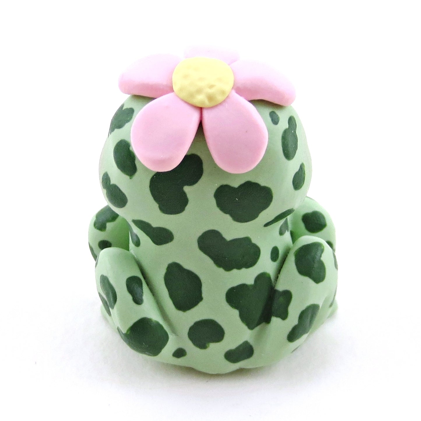 Spotty Frog with a Pink Flower Hat Figurine - Polymer Clay Spring Animal Collection