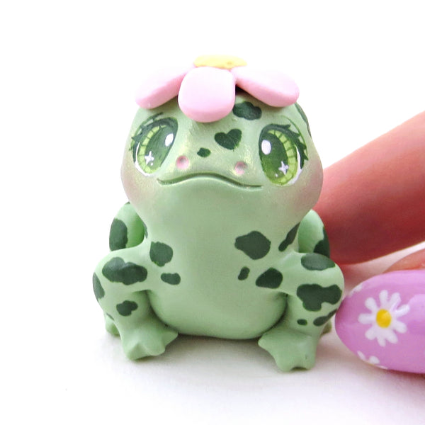 Spotty Frog with a Pink Flower Hat Figurine - Polymer Clay Spring Animal Collection