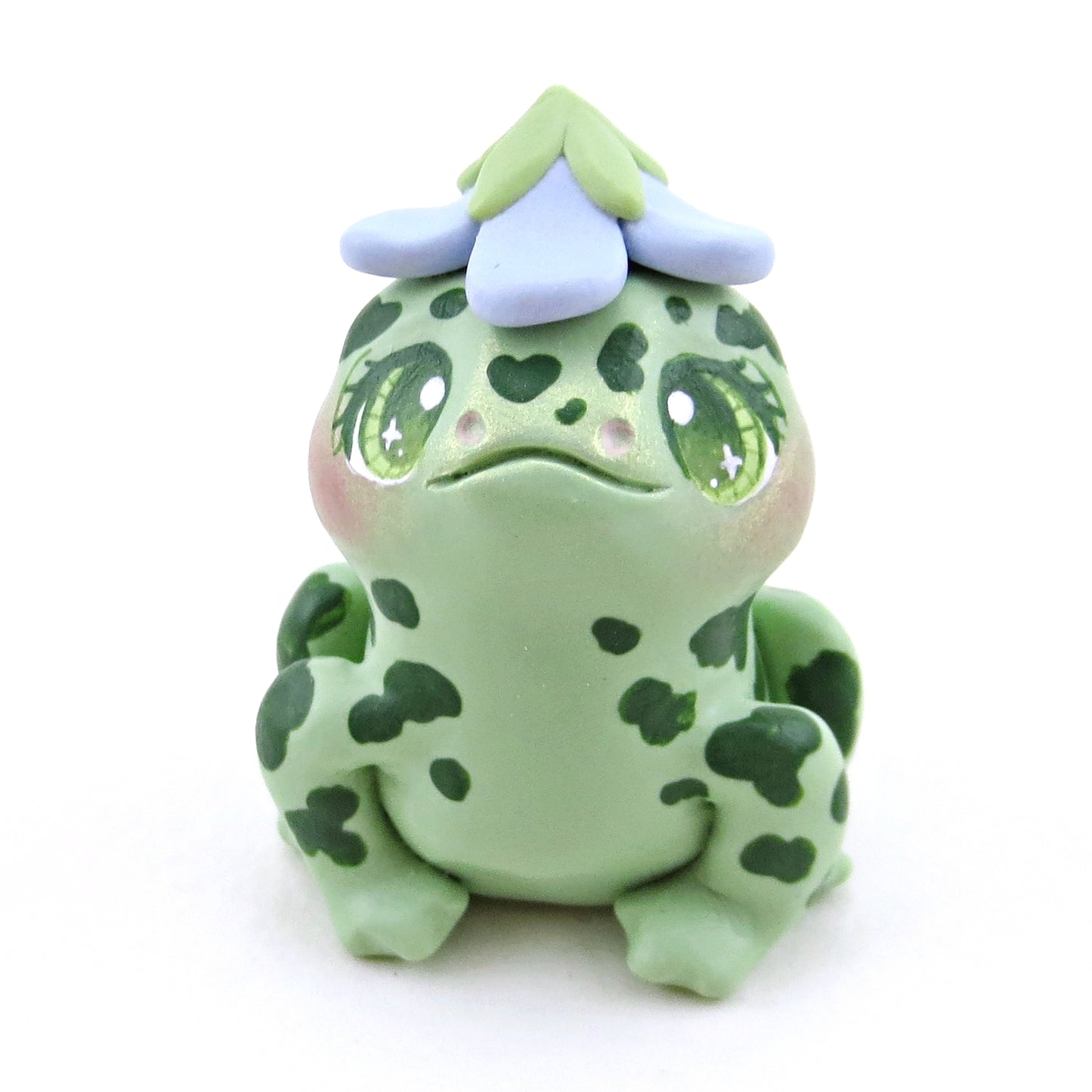 Spotty Frog with a Bluebell Hat Figurine - Polymer Clay Spring Animal Collection