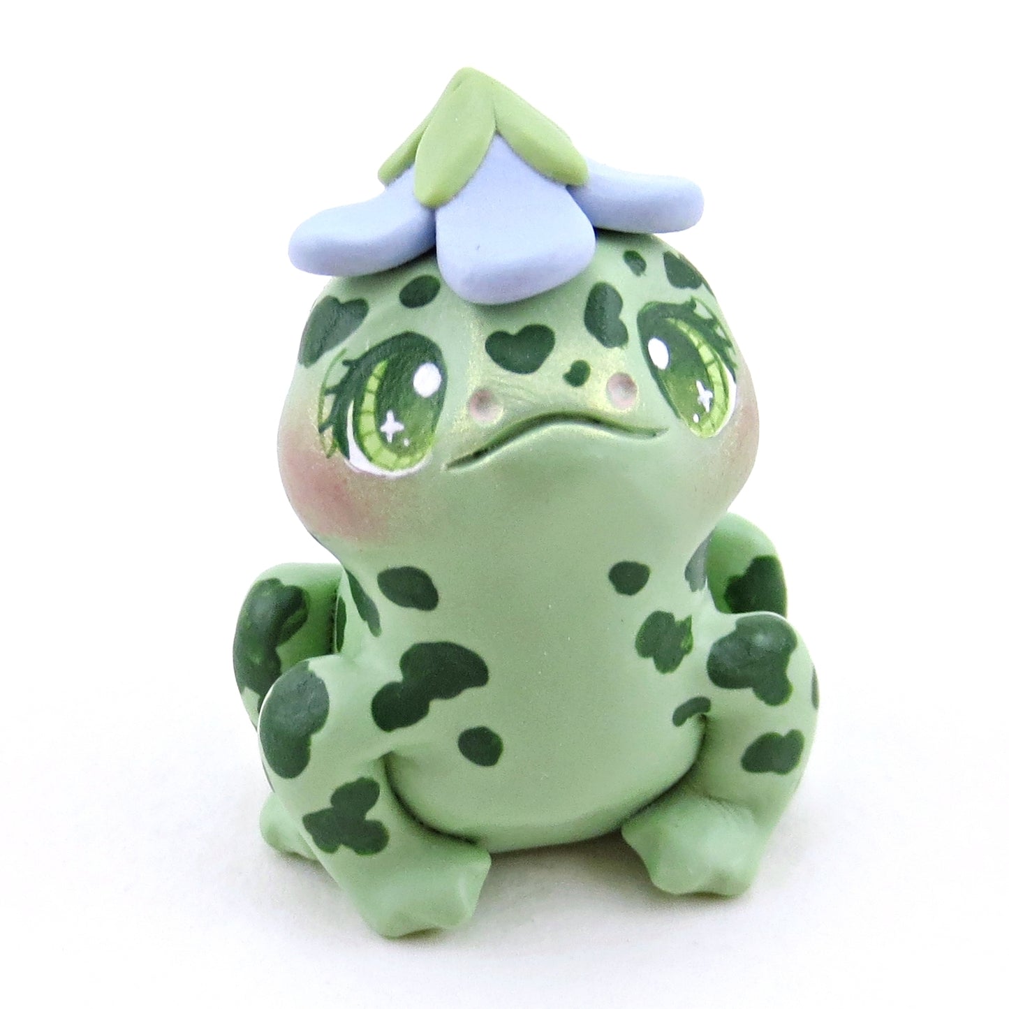 Spotty Frog with a Bluebell Hat Figurine - Polymer Clay Spring Animal Collection