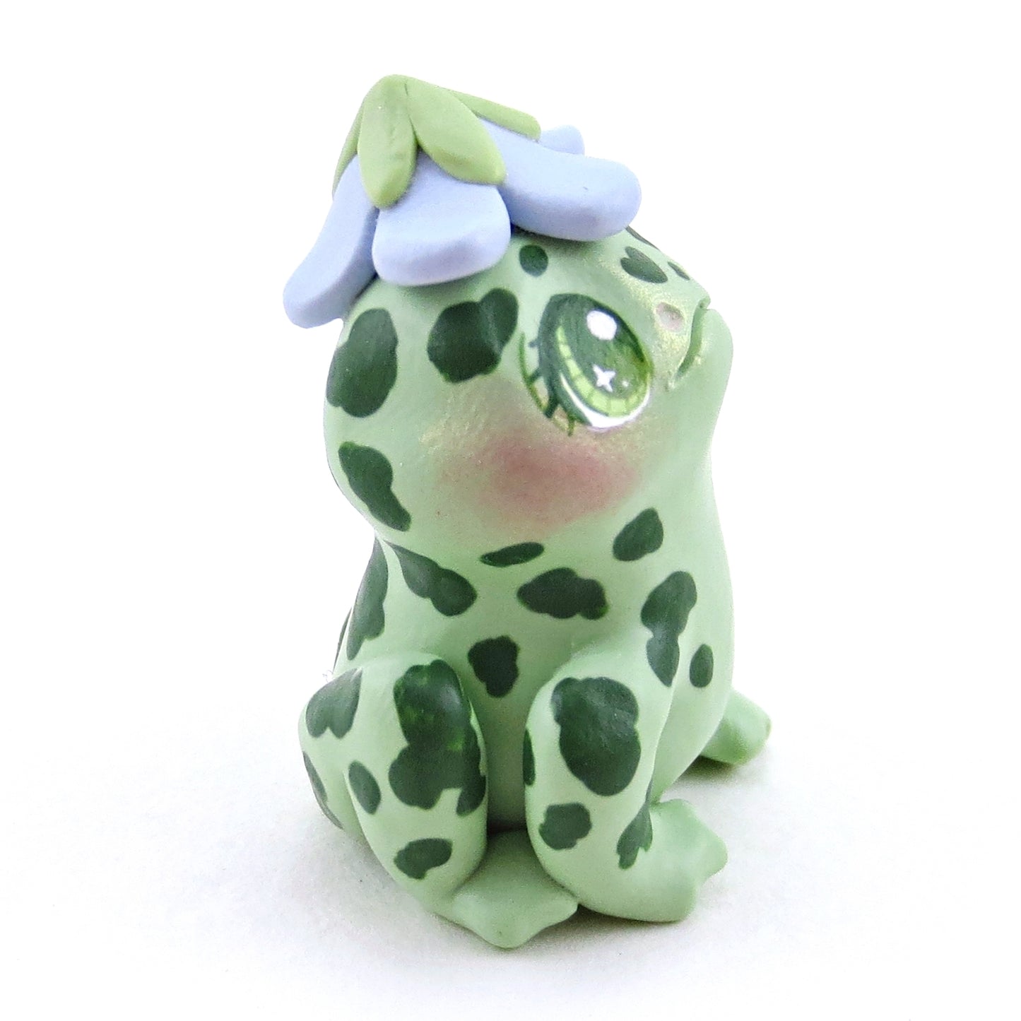 Spotty Frog with a Bluebell Hat Figurine - Polymer Clay Spring Animal Collection