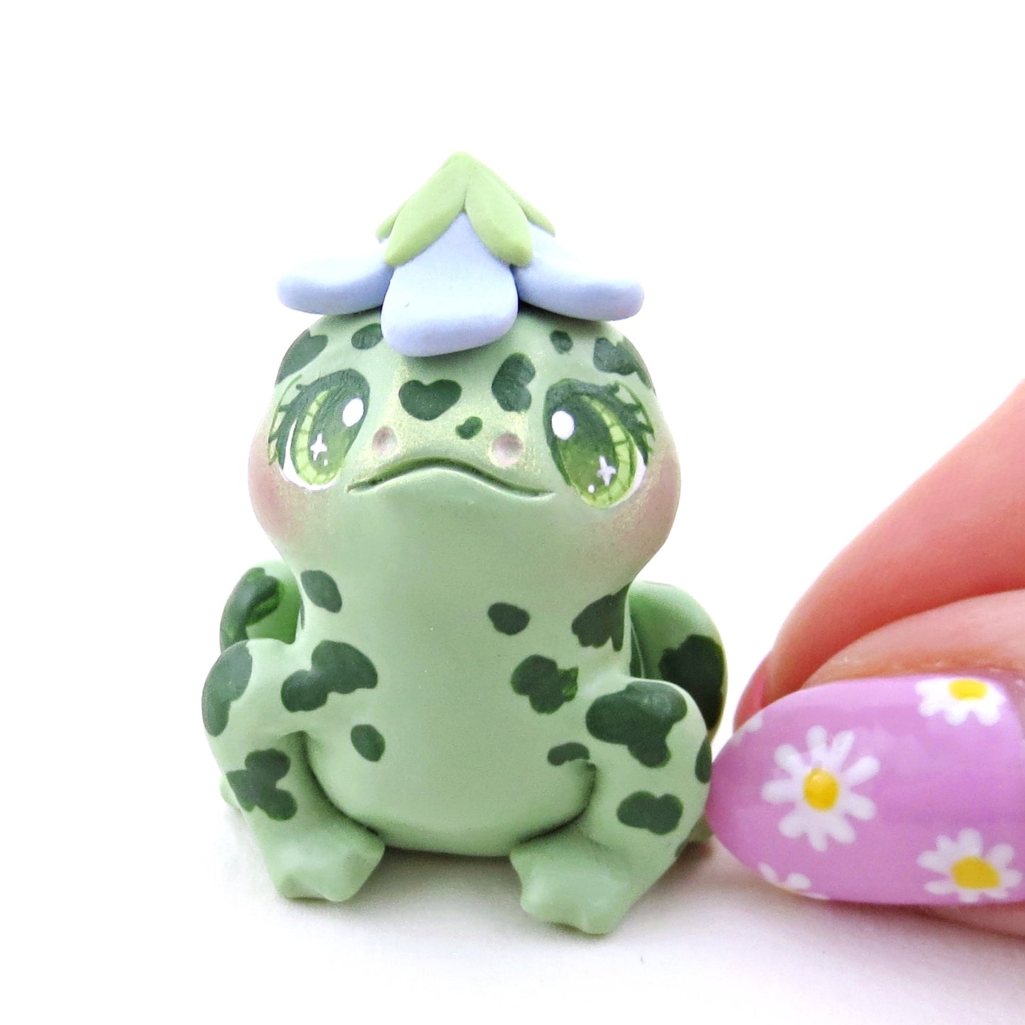 Spotty Frog with a Bluebell Hat Figurine - Polymer Clay Spring Animal Collection