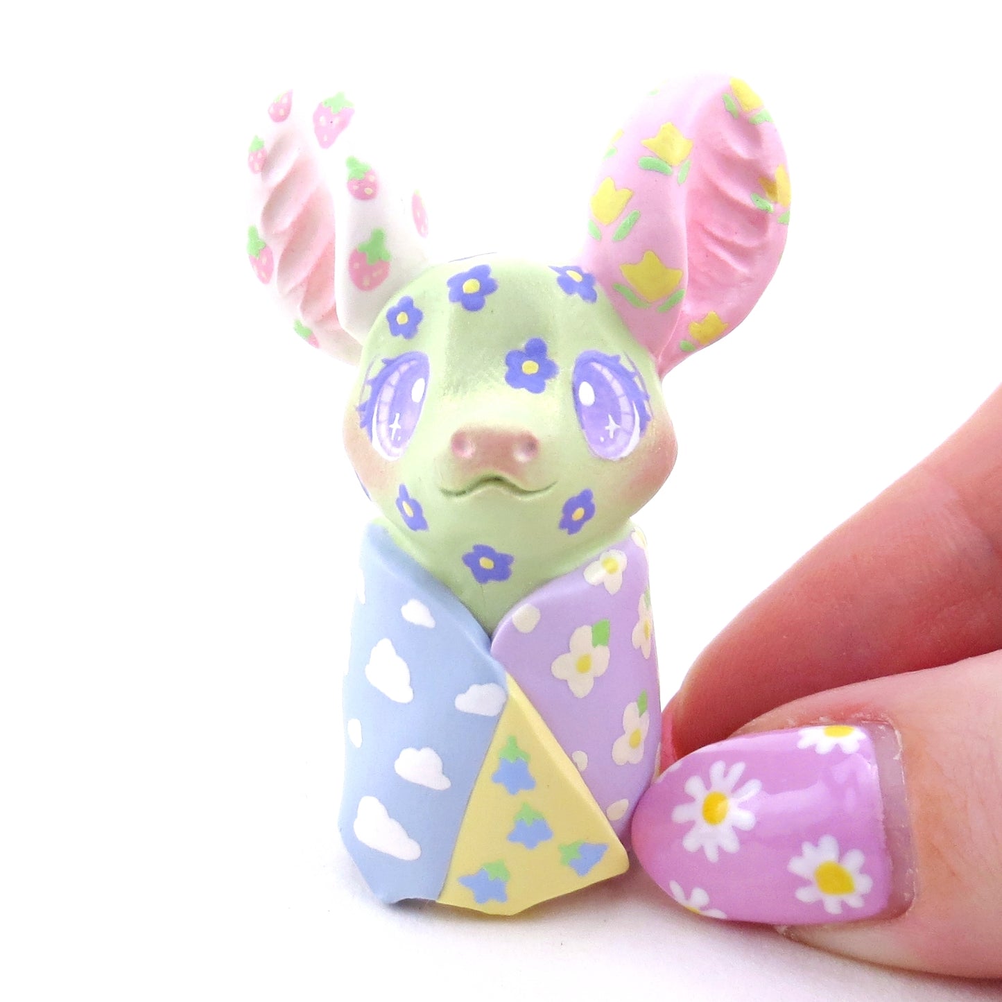 Cozy Patchwork Quilt Bat Figurine - Polymer Clay Spring Animal Collection