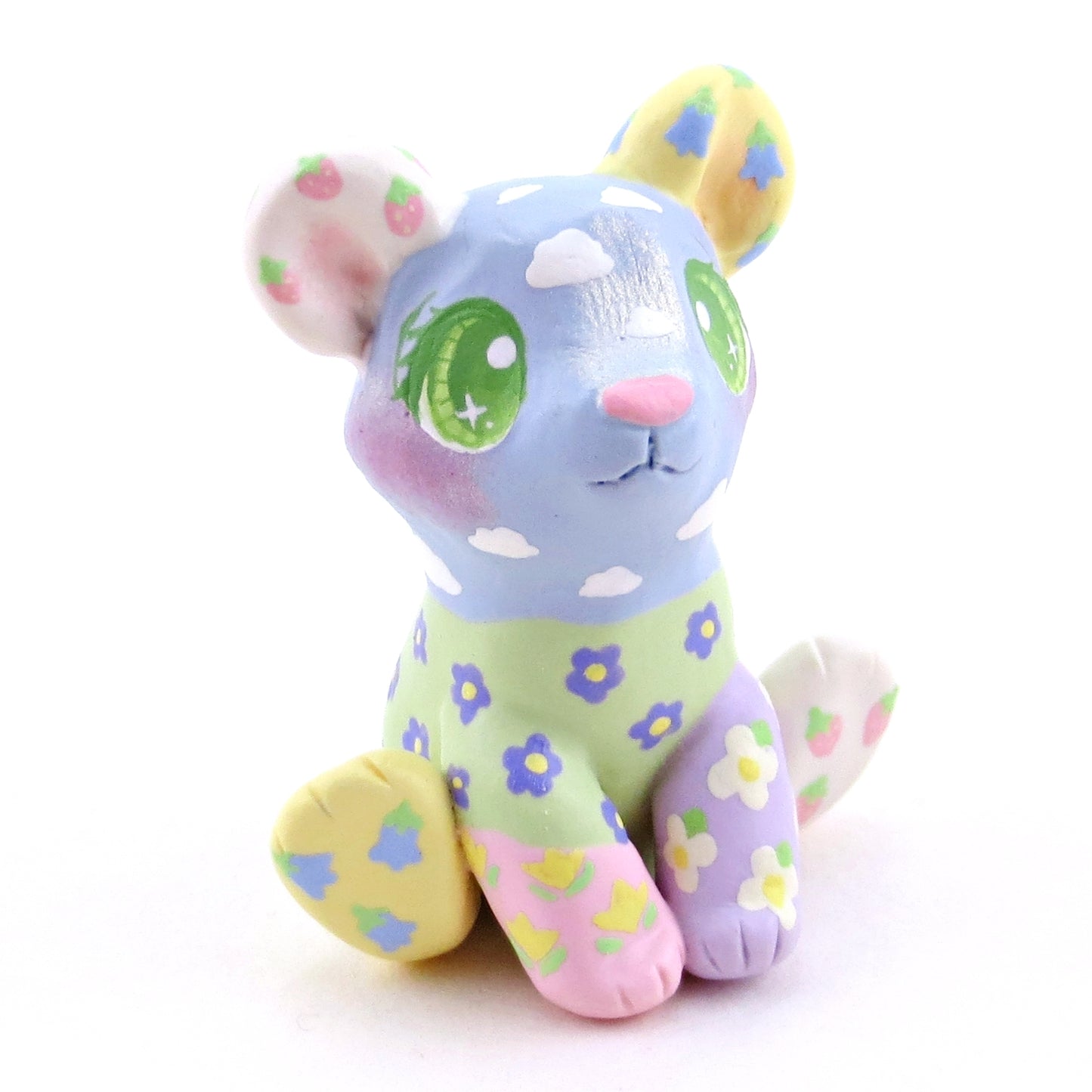 Cozy Patchwork Quilt Teddy Bear Figurine - Polymer Clay Spring Animal Collection