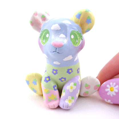 Cozy Patchwork Quilt Teddy Bear Figurine - Polymer Clay Spring Animal Collection