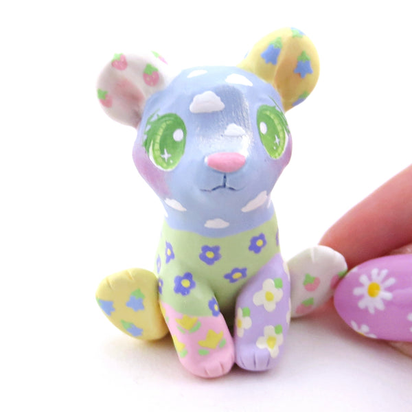 Cozy Patchwork Quilt Teddy Bear Figurine - Polymer Clay Spring Animal Collection