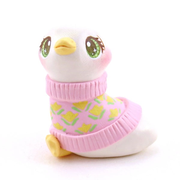 Goose in a Pink Floral Sweater Figurine - Polymer Clay Spring Animal Collection