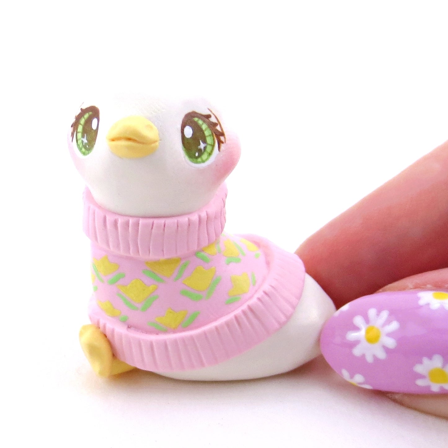 Goose in a Pink Floral Sweater Figurine - Polymer Clay Spring Animal Collection