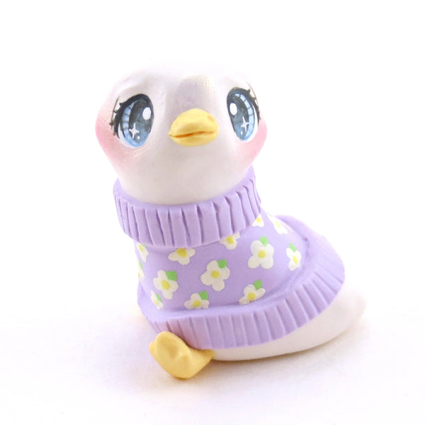 Goose in a Purple Floral Sweater Figurine - Polymer Clay Spring Animal Collection